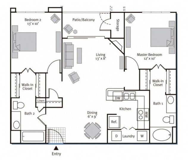 Rendering of the Piceno floor plan with 2 bedroom[s] and 2 bathroom[s] at Pavona Apartments