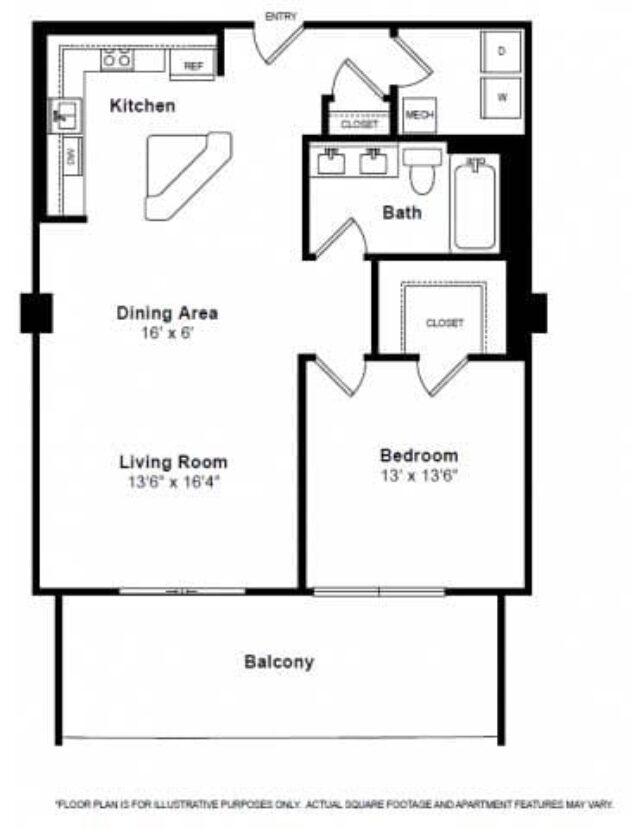 Rendering of the Pierre floor plan with 1 bedroom[s] and 1 bathroom[s] at The Manhattan by Windsor