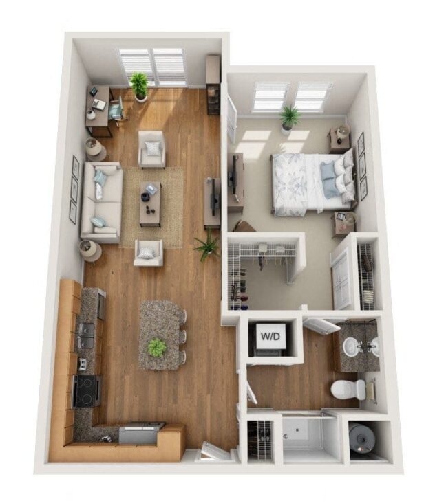 Rendering of the Pilak floor plan with 1 bedroom[s] and 1 bathroom[s] at Element 47 by Windsor