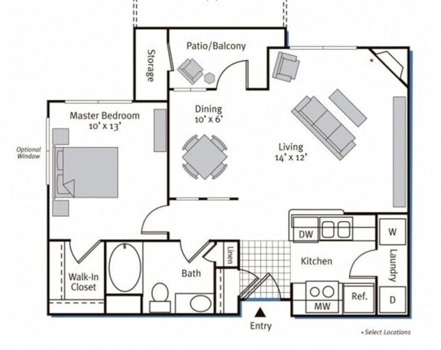 Rendering of the Pisa floor plan with 1 bedroom[s] and 1 bathroom[s] at Pavona Apartments