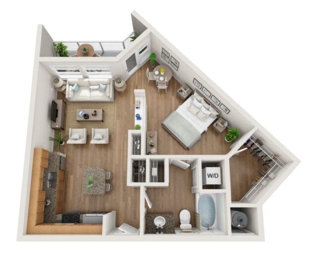 Rendering of the Platin floor plan with a Studio bedroom and 1 bathroom[s] at Element 47 by Windsor