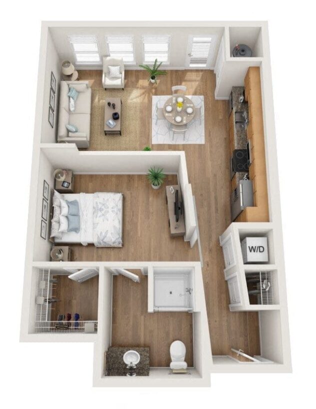 Rendering of the Platyna floor plan with a Studio bedroom and 1 bathroom[s] at Element 47 by Windsor