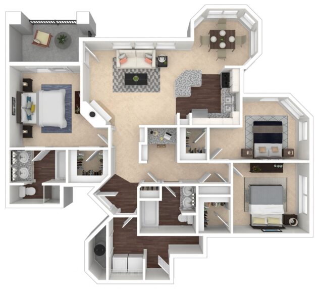 Rendering of the Plymouth floor plan with 3 bedroom[s] and 2 bathroom[s] at Windsor Meridian