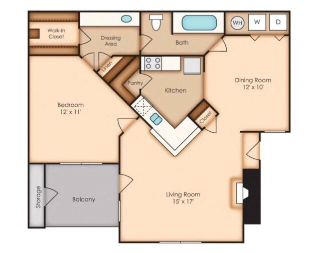 Rendering of the Potomac (A3) floor plan with 1 bedroom[s] and 1 bathroom[s] at Windsor Oak Creek