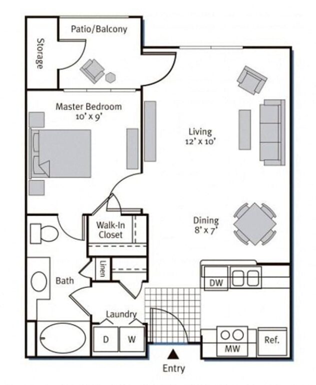 Rendering of the Prato floor plan with 1 bedroom[s] and 1 bathroom[s] at Pavona Apartments