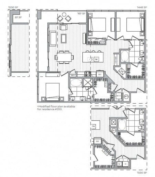 Rendering of the Q floor plan with 3 bedroom[s] and 2 bathroom[s] at Windsor Mystic River