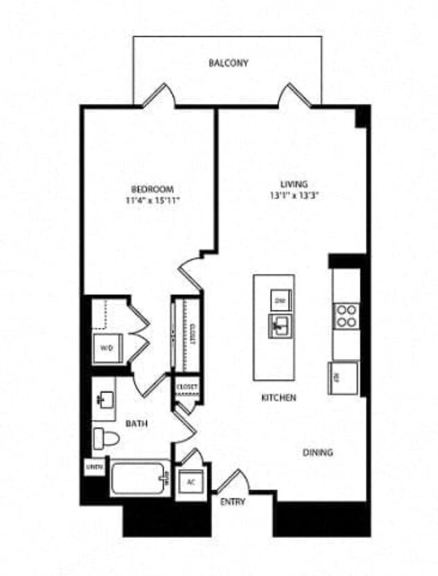 Rendering of the Reef floor plan with 1 bedroom[s] and 1 bathroom[s] at Boardwalk by Windsor