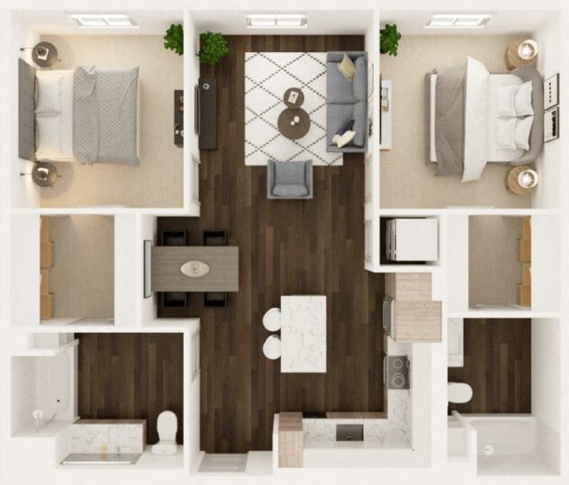 Rendering of the Ridge floor plan with 2 bedroom[s] and 2 bathroom[s] at Windsor Totem Lake