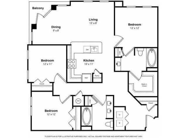 Rendering of the Ridgewood floor plan with 3 bedroom[s] and 2 bathroom[s] at The Ridgewood by Windsor