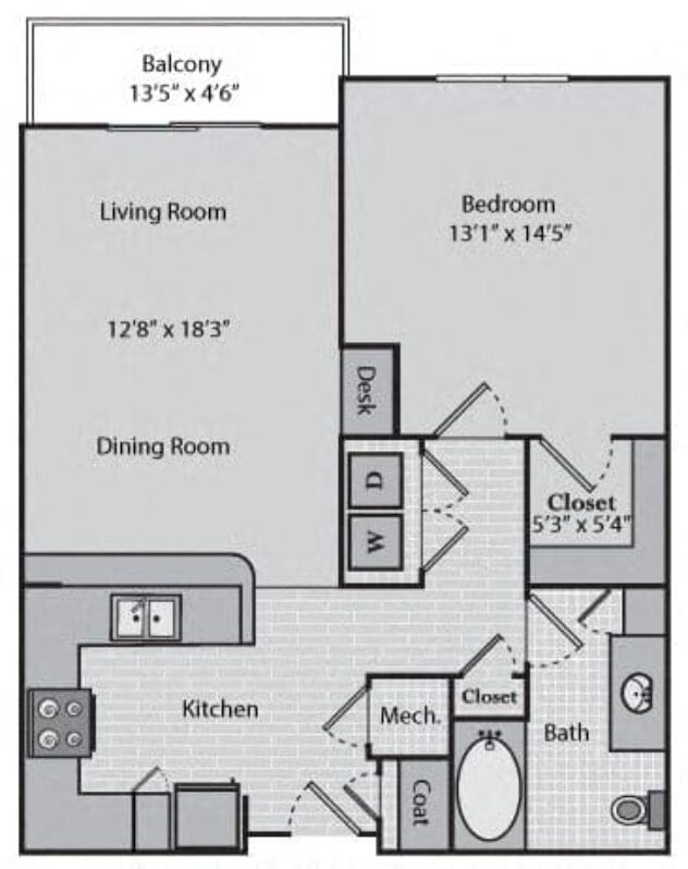 Rendering of the Rivington floor plan with 1 bedroom[s] and 1 bathroom[s] at Windsor Brookhaven