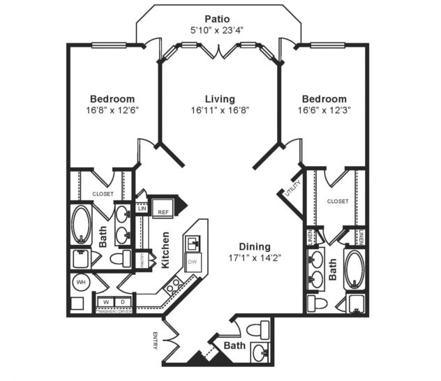 Rendering of the Roma floor plan with 2 bedroom[s] and 2.5 bathroom[s] at Windsor at Midtown