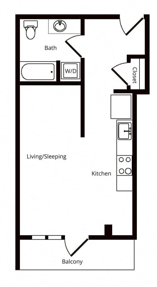 Rendering of the S02 floor plan with a Studio bedroom and 1 bathroom[s] at Windsor Buckman