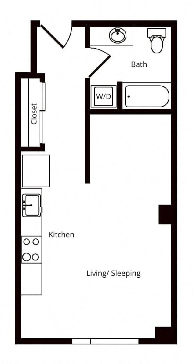 Rendering of the S03 floor plan with a Studio bedroom and 1 bathroom[s] at Windsor Buckman