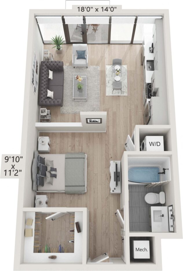 Rendering of the S1 floor plan with a Studio bedroom and 1 bathroom[s] at Céntrico by Windsor