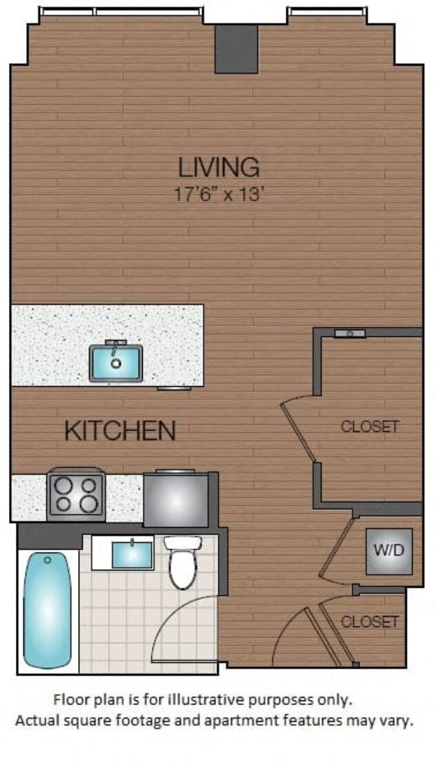 Rendering of the S1 floor plan with a Studio bedroom and 1 bathroom[s] at The Victor by Windsor