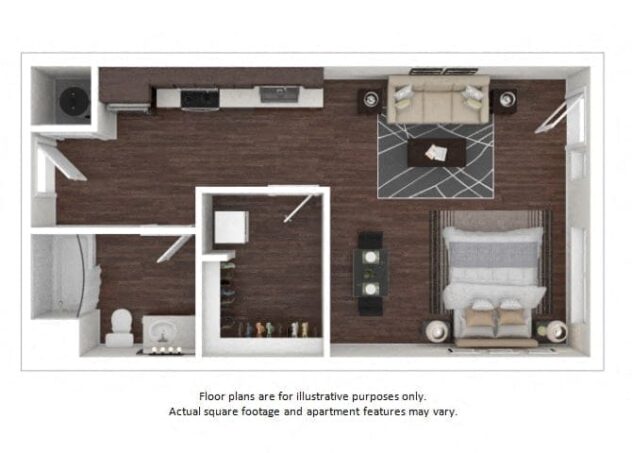 Rendering of the S1 floor plan with a Studio bedroom and 1 bathroom[s] at The Casey