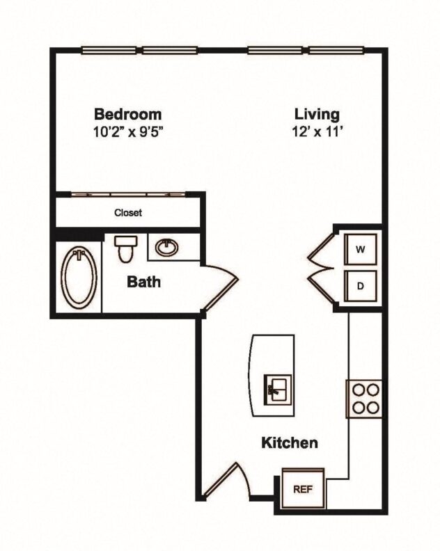 Rendering of the S1 floor plan with a Studio bedroom and 1 bathroom[s] at 565 Hank by Windsor