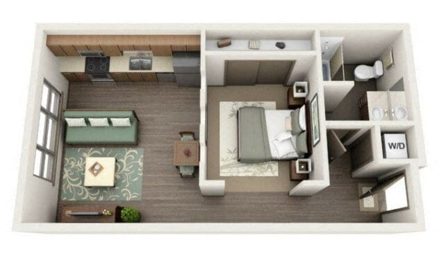 Rendering of the S1 floor plan with a Studio bedroom and 1 bathroom[s] at Platform 14