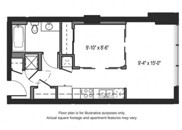 Rendering of the S1 floor plan with a Studio bedroom and 1 bathroom[s] at The Martin