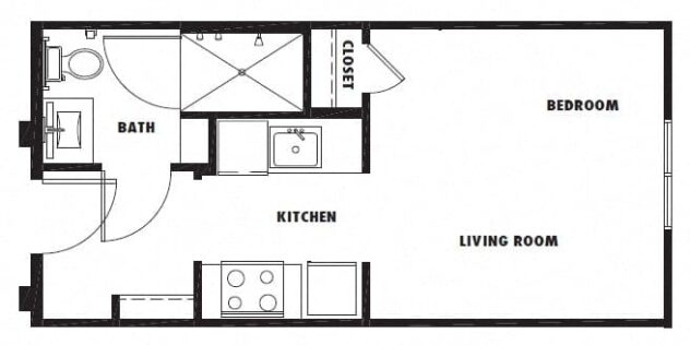 Rendering of the S1 floor plan with a Studio bedroom and 1 bathroom[s] at Windsor Metro West