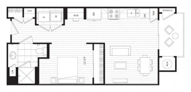 Rendering of the S1 floor plan with a Studio bedroom and 1 bathroom[s] at Windsor Oak Hill