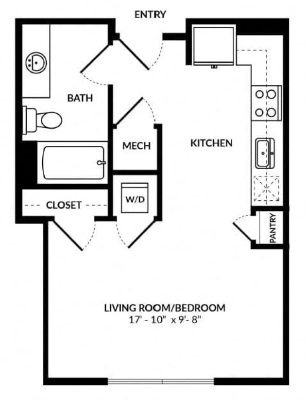 Rendering of the S1 floor plan with a Studio bedroom and 1 bathroom[s] at Windsor Preston