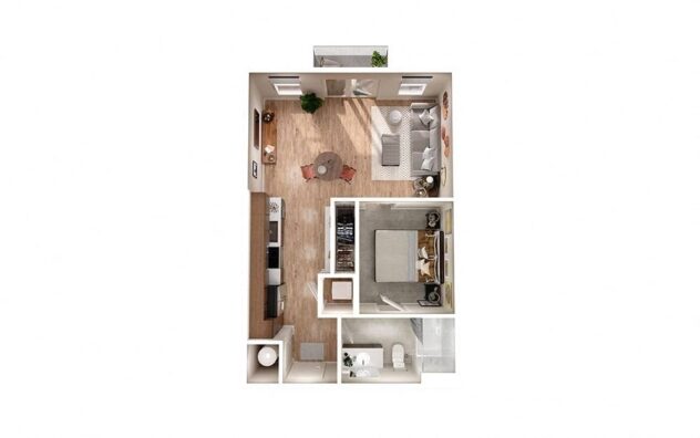 Rendering of the S1 floor plan with a Studio bedroom and 1 bathroom[s] at Windsor South Congress