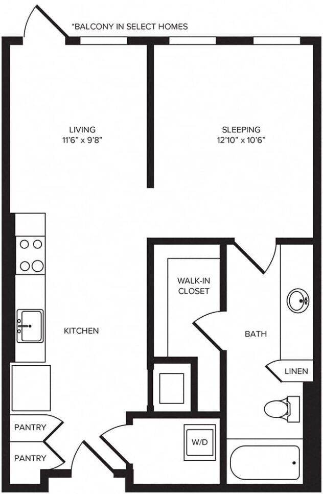 Rendering of the S1 floor plan with a Studio bedroom and 1 bathroom[s] at Windsor Turtle Creek