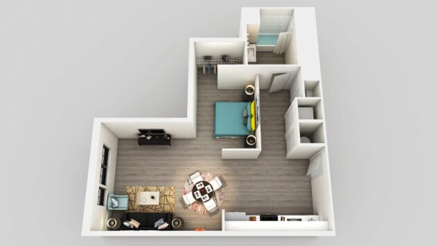 Rendering of the S1 floor plan with a Studio bedroom and 1 bathroom[s] at Edison on the Charles by Windsor