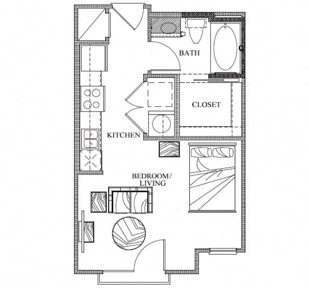 Rendering of the S1 floor plan with a Studio bedroom and 1 bathroom[s] at Eleven by Windsor