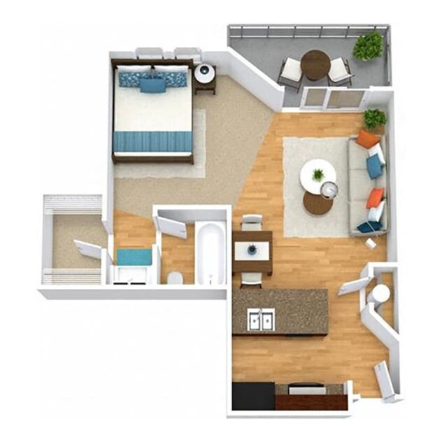 Rendering of the S1 floor plan with a Studio bedroom and 1 bathroom[s] at Windsor Peachtree Corners