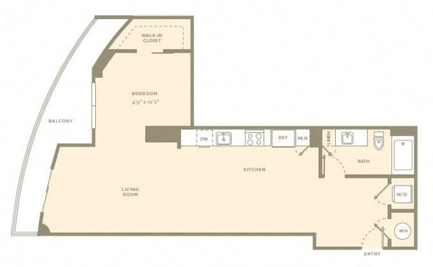 Rendering of the S1 floor plan with a Studio bedroom and 1 bathroom[s] at Amaray Las Olas by Windsor