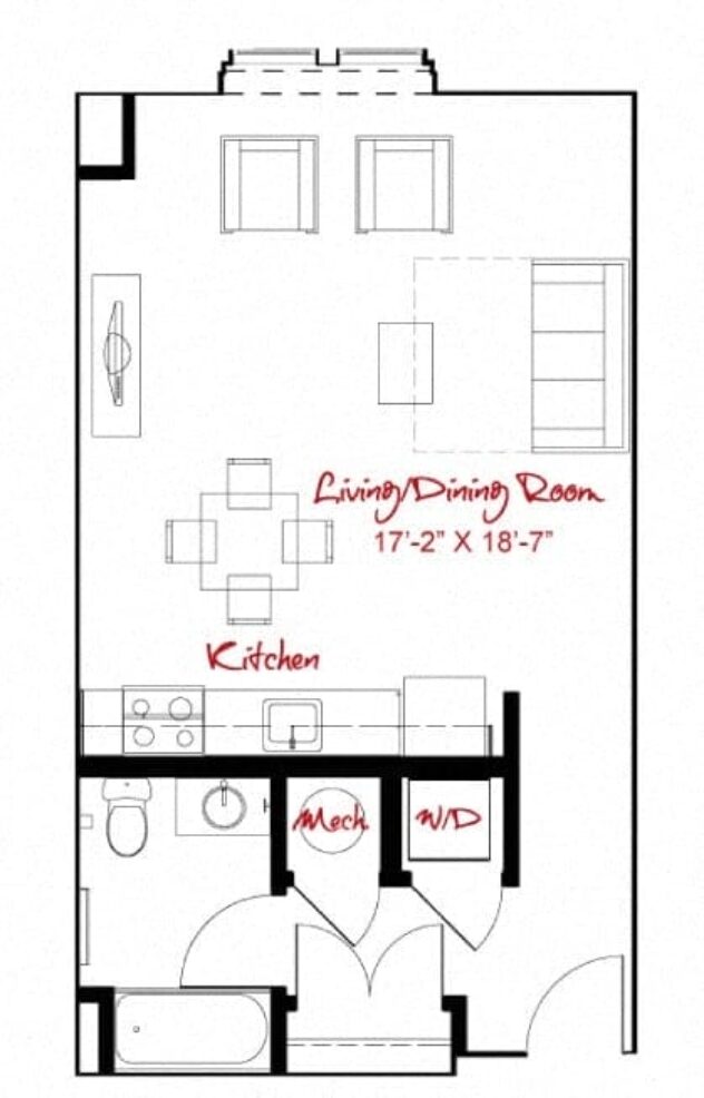 Rendering of the S1 floor plan with a Studio bedroom and 1 bathroom[s] at Windsor at Maxwells Green