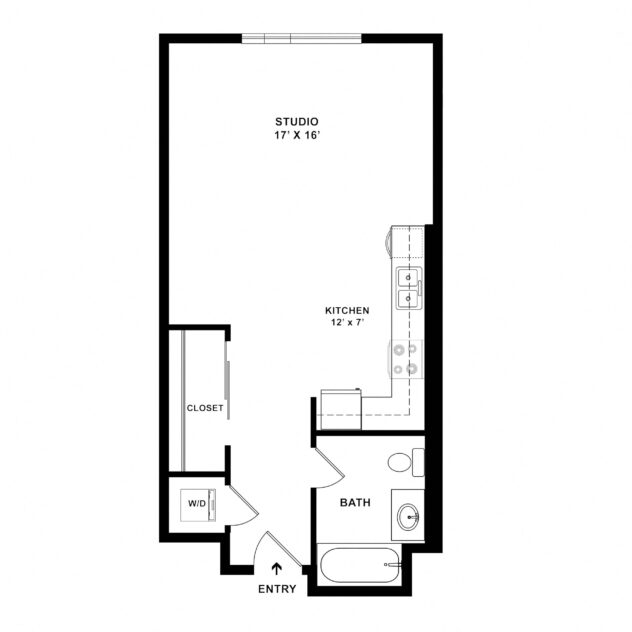 Rendering of the S1 floor plan with a Studio bedroom and 1 bathroom[s] at Sunset + Vine