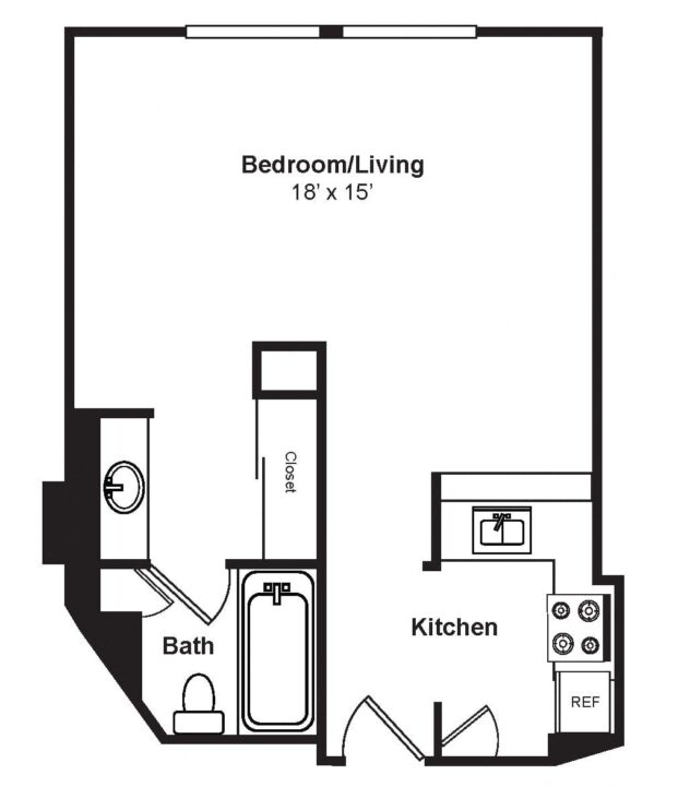 Rendering of the S1 floor plan with a Studio bedroom and 1 bathroom[s] at Renaissance Tower