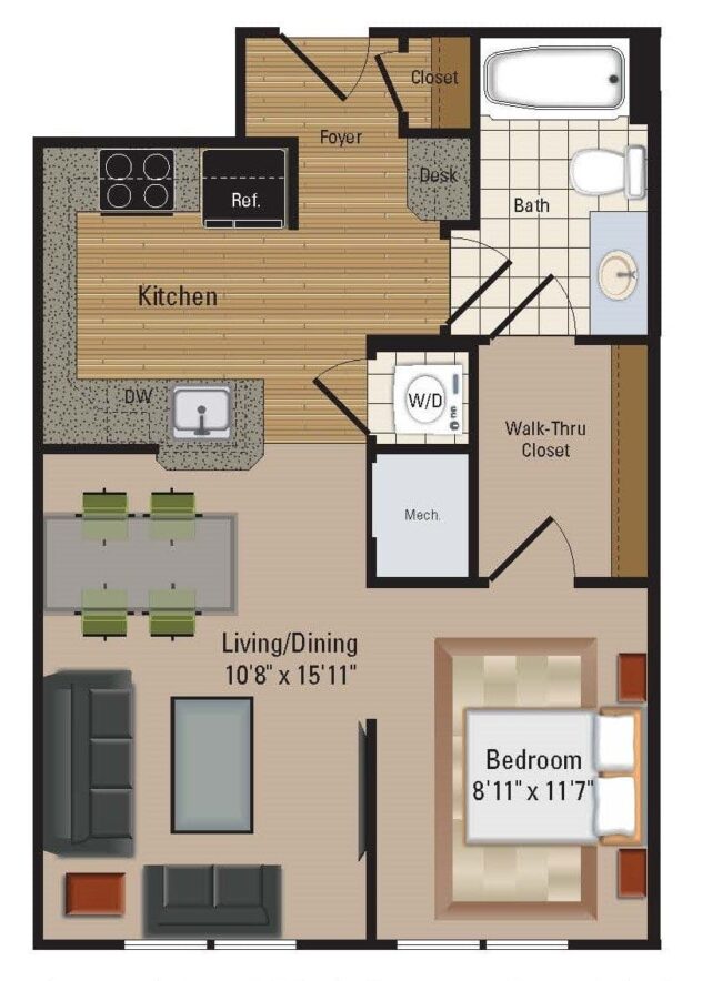 Rendering of the S1 floor plan with a Studio bedroom and 1 bathroom[s] at Windsor Leesburg