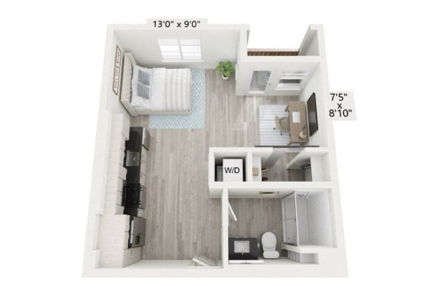 Rendering of the S1 floor plan with a Studio bedroom and 1 bathroom[s] at Windsor Rancho PQ