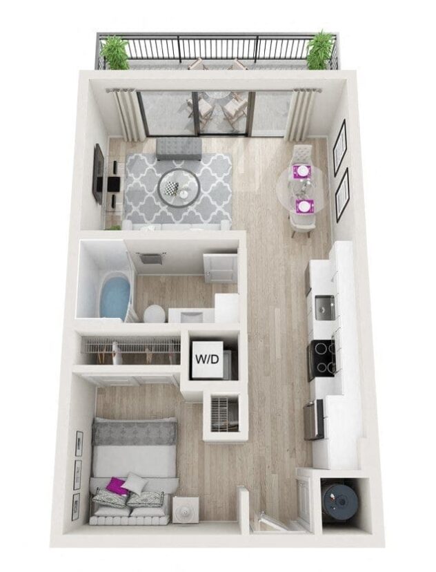 Rendering of the S1 - Aurora floor plan with a Studio bedroom and 1 bathroom[s] at Windsor Ludlam Trail