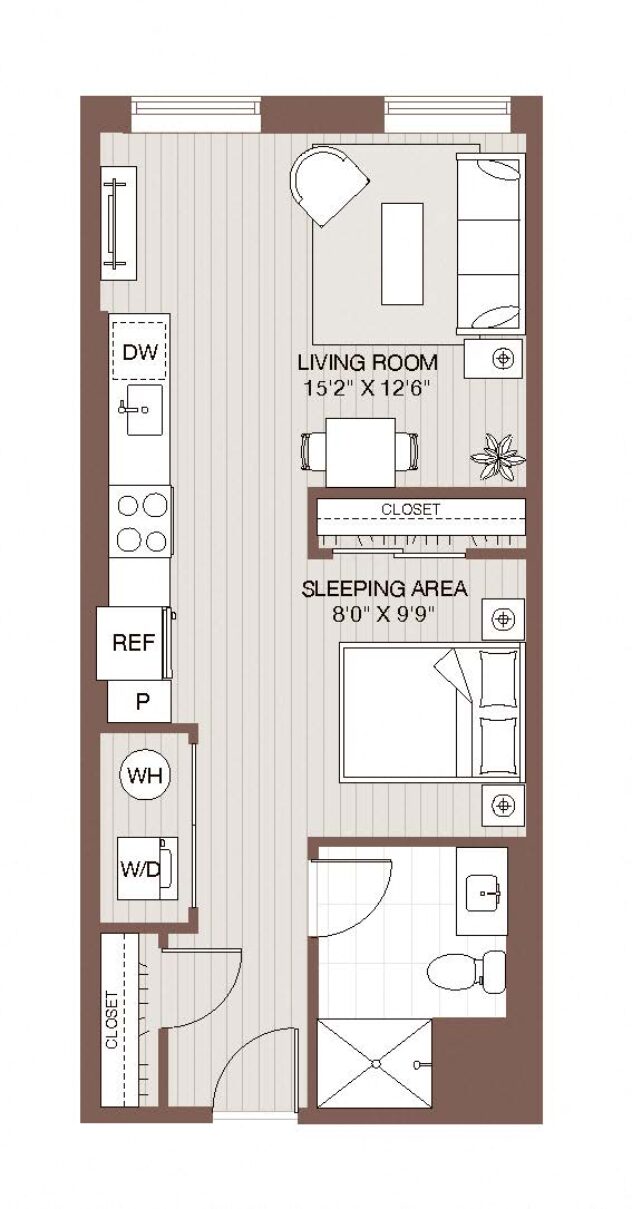 Rendering of the S1 - Lofts floor plan with a Studio bedroom and 1 bathroom[s] at Windsor Radio Factory