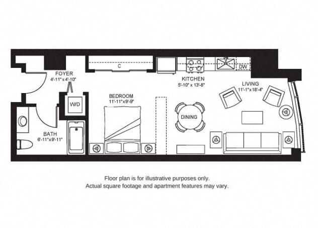 Rendering of the S1 North floor plan with a Studio bedroom and 1 bathroom[s] at The Bravern