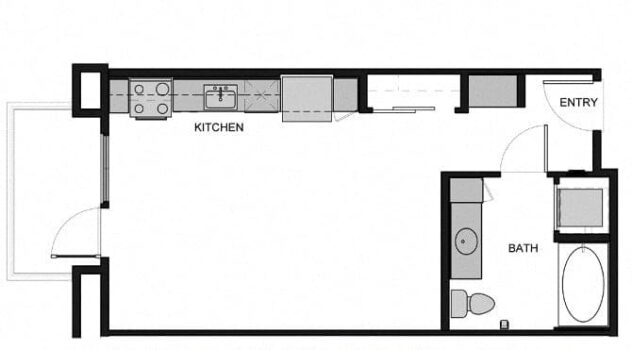 Rendering of the S1 Studio floor plan with a Studio bedroom and 1 bathroom[s] at South Park by Windsor