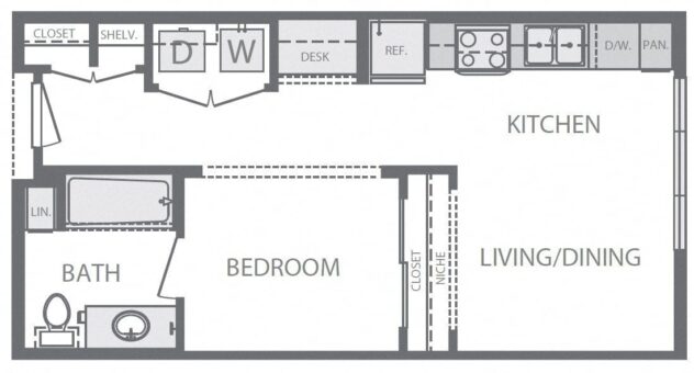 Rendering of the S1 Studio floor plan with a Studio bedroom and 1 bathroom[s] at Windsor at West University