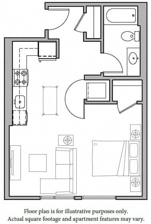 Rendering of the S1 Studio North floor plan with a Studio bedroom and 1 bathroom[s] at The Whittaker