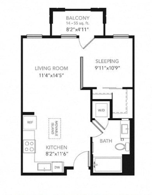 Rendering of the S1-W floor plan with a Studio bedroom and 1 bathroom[s] at Blu Harbor by Windsor