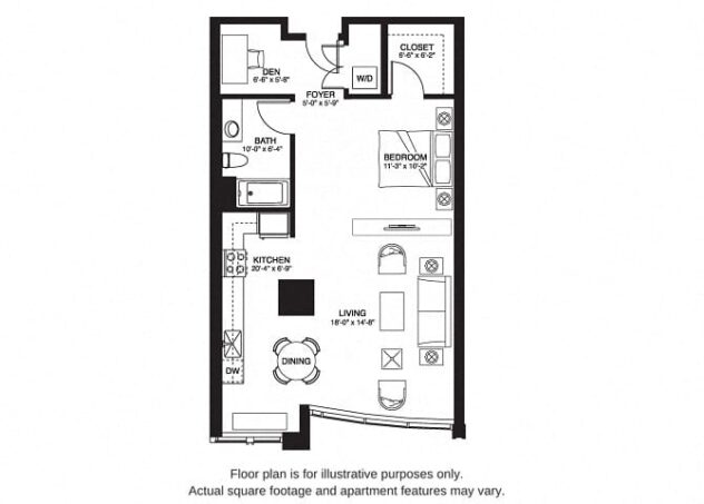 Rendering of the S10 South floor plan with a Studio bedroom and 1 bathroom[s] at The Bravern