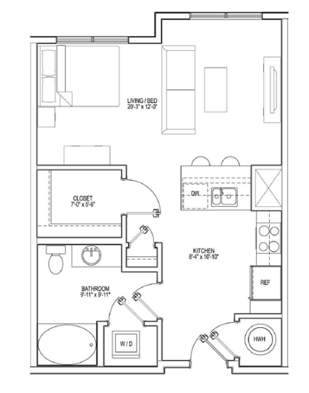 Rendering of the S1A floor plan with a Studio bedroom and 1 bathroom[s] at Vox on Two