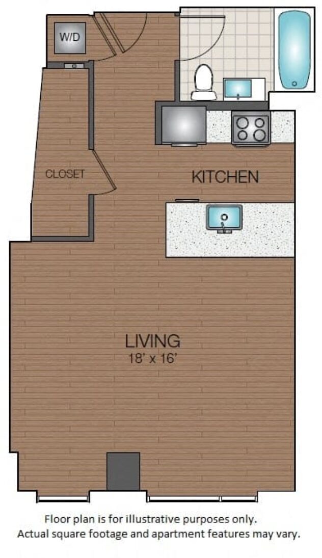 Rendering of the S1a floor plan with a Studio bedroom and 1 bathroom[s] at The Victor by Windsor