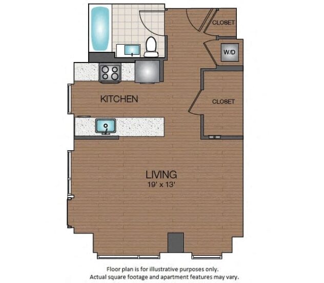 Rendering of the S1b floor plan with a Studio bedroom and 1 bathroom[s] at The Victor by Windsor