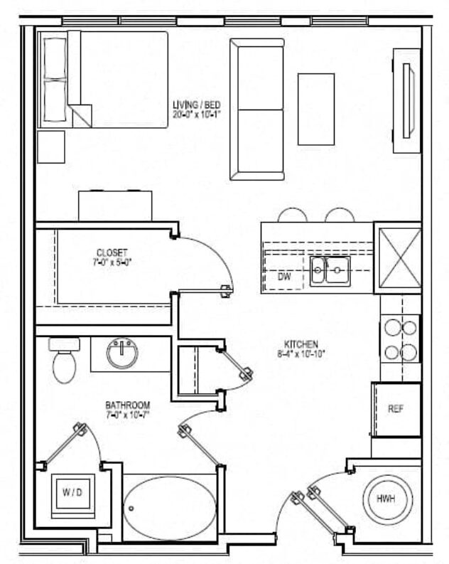 Rendering of the S1C floor plan with a Studio bedroom and 1 bathroom[s] at Vox on Two