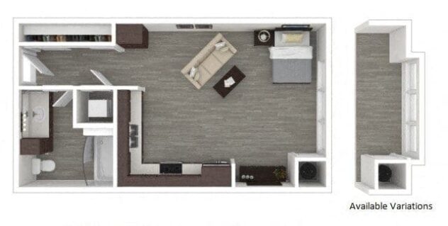 Rendering of the S2 floor plan with a Studio bedroom and 1 bathroom[s] at Centric LoHi by Windsor